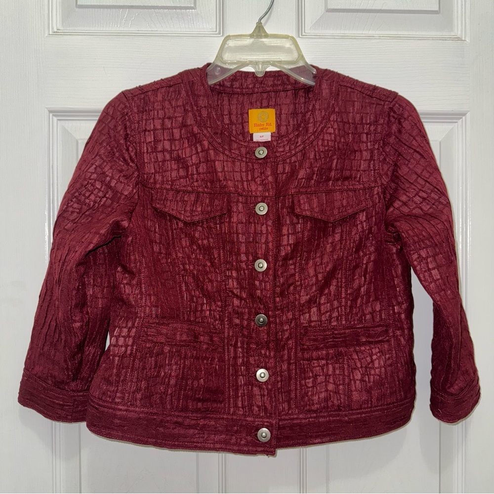 Ruby Rd. Deep Red Petite Crop Style Textured Button Up Denim Style Jacket - Picture 5 of 7